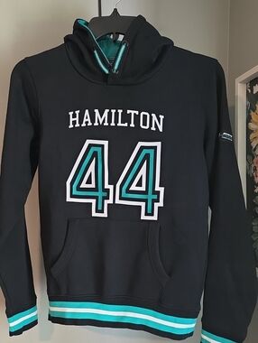 Formula 1 AMG Petronas Hamilton Men's Black Hoodie with Teal Accent 44 Graphic